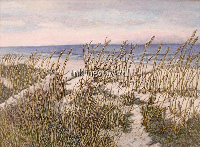 Morning at the Beach.jpg - 16 3/4in x 14 1/4in matted and framed:$250USD : \Just a simple scene depicting the sea oats covering dunes.
